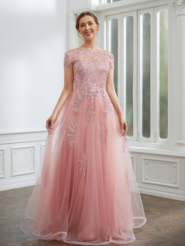 Wholesale A-Line/Princess Tulle Applique Bateau Short Sleeves Floor-Length Dresses